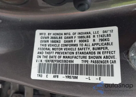 2012 Honda Civic Lx z USA, uszkodzony, nr VIN 19XFB2F59CE062494